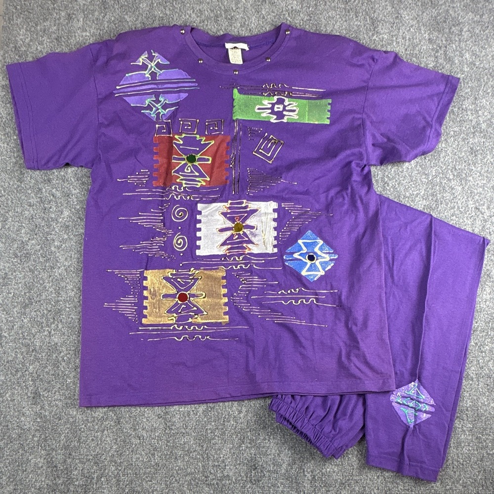 VTG 90s Cotton Plus Southwestern Applique Lounge Set Shoulder Pads Purple OSFA